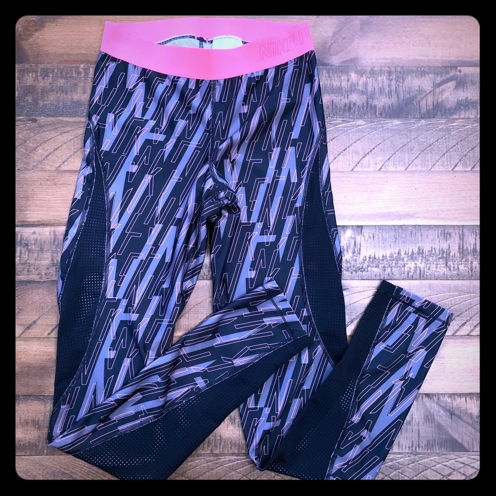 NIKE PRO Hypercool Black Mesh Gray Pink Logo Pants